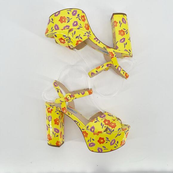 Prada Yellow Floral Patent Leather Chunky Platform Block Heel Sandal size IT 37 - Picture 3 of 14